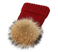 feifanshop Damen Echtfell Waschbär Fell Pelz Bommel Strick Mütze Winter-Mütze Bommelmütze