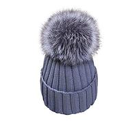 feifanshop Damen Mütze Strickmütze mit Fellbommel Fuchspelz Echtfell Fell Pelz Bommel Strick Mütze Winter-Mütze Bommelmütze (grau)