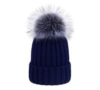 feifanshop Damen Mütze Strickmütze mit Fellbommel Fuchspelz Groß Fell Pelz Bommel Strick Mütze Winter-Mütze Bommelmütze (Navy)