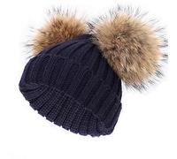 feifanshop Damen Warmem Winter Mütze Beanie Strickmütze mit Fellbommel Fell-Bommel Kunstfell Winter-Mütze, Bommelmütze (Blau)