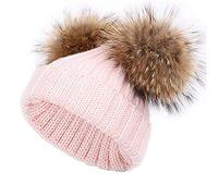 feifanshop Damen Warmem Winter Mütze Beanie Strickmütze mit Fellbommel Fell-Bommel Kunstfell Winter-Mütze, Bommelmütze (Rosa)