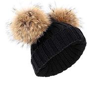 feifanshop Damen Winter Strickmütze Beanie mit Doppel Kunstfell Pom Ohren Weihnachten Gr. Einheitsgröße, Schwarz