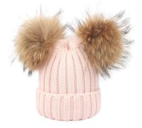 feifanshop Damen Wintermützen Strickmütze Echtfell Waschbär Fell Pelz Bommel Mütze Bommelmütze Beanie Warme Cap Rosa
