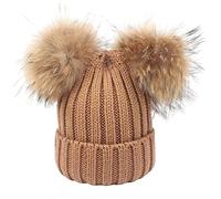 feifanshop Damen Wintermützen Strickmütze Echtfell Waschbär Fell Pelz Bommel Mütze Bommelmütze Beanie Warme Cap Khaki
