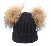 feifanshop Damen Wintermützen Strickmütze Echtfell Waschbär Fell Pelz Bommel Mütze Bommelmütze Beanie Warme Cap Schwarz