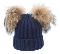 feifanshop Damen Wintermützen Strickmütze Echtfell Waschbär Fell Pelz Bommel Mütze Bommelmütze Beanie Warme Cap Navy Blau