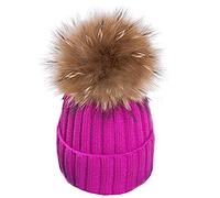 feifanshop Warm Mütze Pelz Bommel Echtpelz Waschbär Ski-Mütze Fellbommel Pelzbommel Raccoon (hot pink)
