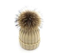 feifanshop Warm Mütze Pelz Bommel Echtpelz Waschbär Ski-Mütze Fellbommel Pelzbommel Raccoon (Khaki)