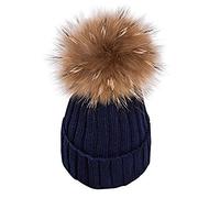 feifanshop Warm Mütze Pelz Bommel Echtpelz Waschbär Ski-Mütze Fellbommel Pelzbommel Raccoon (Navy blau)