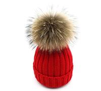 feifanshop Warm Mütze Pelz Bommel Echtpelz Waschbär Ski-Mütze Fellbommel Pelzbommel Raccoon (rot)