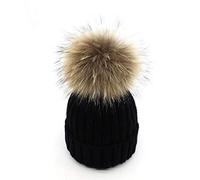 feifanshop Warm Mütze Pelz Bommel Echtpelz Waschbär Ski-Mütze Fellbommel Pelzbommel Raccoon (Schwarz)