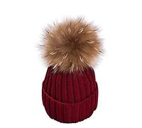 feifanshop Warm Mütze Pelz Bommel Echtpelz Waschbär Ski-Mütze Fellbommel Pelzbommel Raccoon (Weinrot)