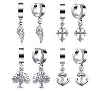 Feilok 4 Paare Herren Ohrringe Ohrstecker Set Cartilage Creolen Edelstahl Silber Flügel Anker Lebensbaum Flügel Anhänger Huggie Piercing Mann Männer