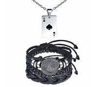 Feilok Herren Halskette und Armband Set - Echtleder Halsschmuck mit Poker Ace of Hearts Pik Glücklich Anhänger