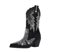 Feinlina Frauen funkelnden Strass Bling Cowgirl Wildleder Western Stiefel glänzend spitzen Zehe klobig Ferse Glitter Ankle Booties (Schwarz,37)