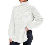 Feinstrickpullover Damen,Damen Rollkragenpullover Oversize Langarm Strickpullover Lässig Grobstrick Longpullover für Herbst Winter Sweater Warm Strickpulli mit Seitenschlitz Kuschelpullover Oberteil