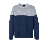 Strickpullover BONPRIX "Feinstrickpullover im Colourblocking mit Baumwolle", Damen, Gr. 52/54 (L), blau (indigo meliert, dunkelblau), Feinstrick, Obermaterial: 50% Baumwolle, 50% Polyacryl, colorblock