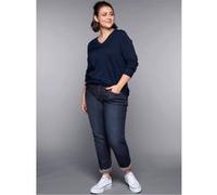 Strickpullover SHEEGO "V-Ausschnitt-Pullover", Damen, Gr. 52/54, blau (marine), 50% Baumwolle, 50% Polyacryl, unifarben, Pullover Strickpullover (11171718-52) marine