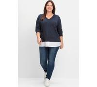 Pullover im Lagenlook, mit Blusenbesatz, tiefblau meliert, Gr.44/46