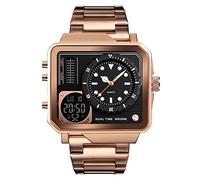 FeiWen Herren Fashion Herrenuhr Analog Quarz Digital Sport Casual Uhren Eckig Edelstahl Wählen Analog Quarz LED Doppel Zeit Multifunktional Armbanduhren mit Edelstahlband (Rosa)
