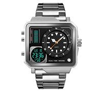 FeiWen Herren Fashion Herrenuhr Analog Quarz Digital Sport Casual Uhren Eckig Edelstahl Wählen Analog Quarz LED Doppel Zeit Multifunktional Armbanduhren mit Edelstahlband (Silber)
