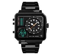 FeiWen Herren Luxus Fashion Herrenuhr Analog Quarz Digital Sport Casual Uhren Eckig Edelstahl Wählen Analog Quarz LED Doppel Zeit Multifunktional Armbanduhren mit Edelstahlband (Schwarz)