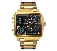 FeiWen Herren Luxus Fashion Herrenuhr Analog Quarz Digital Sport Casual Uhren Eckig Edelstahl Wählen Analog Quarz LED Doppel Zeit Multifunktional Armbanduhren mit Edelstahlband (Gold)