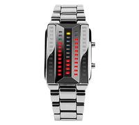 FeiWen Mode Lässig Edelstahl Binär Digitales Uhren Silber Einzigartig Platz Wählen Gelb und Rot LED Licht Kalender Armbanduhren, Herren