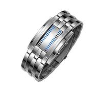 FeiWen Unisex Binär Digitale Silber Edelstahl Uhren Fashion Casual Stil Eckig Zifferblatt Blau LED Licht Einzigartig Armbanduhren Kalender Sportuhr, Herren
