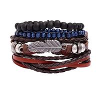 Feizikaw Damenarmband Tropischer Stil verstellbares handgeflochtenes Armband Armband Mode Federarmband Herren Diy Lederarmband mehrschichtiges geflochtenes 4er Set (Black, One Size)