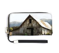 FekiLoot Elegante alte Holzscheune mit Traktor Garten Damen Geldbörse mit Reißverschluss Handschlaufe PU Leder Kartenhalter Slim Cute Wristlet Wallet für Damen Tragbare Reise Lange Geldbörse für