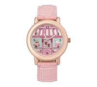 FekiLoot Ice Cream Store Damen-Armbanduhr mit pinkem Lederband, modisch, niedliches rosa Zifferblatt, analog, Quarz-Armbanduhr, minimalistisch, elegant, zierlich, Damenuhr für Party, Alltag und als