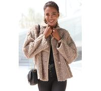 Fellimitatjacke LASCANA, Damen, Gr. 42, grau (taupe), Plüsch, Obermaterial: 100% Polyester, unifarben, figurumspielend hüftlang, Jacken, mit Lederimitat-Einsätzen, Sherpa-Jacke aus Teddyplüsch mit Tas