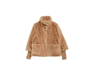 Fellimitatjacke S.OLIVER BLACK LABEL, Damen, Gr. 36, braun (mid braun), Obermaterial: 100% Polyester. Futter: 100% Polyester, regular fit hüftlang, Jacken, Stehkragen, Fellimitat, Druckknöpfe (7620675