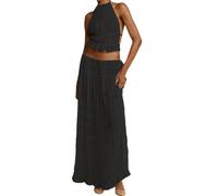 FeMereina 2-teiliges Maxirock-Set für Damen, ärmellos, Neckholder, Schnürung, Tanktop und hohe Taille, fließender, langer Rock, Sommeroutfits mit Rüschen, Schwarz , 42