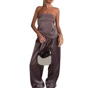 FeMereina 2-teiliges Satin-Outfit für Damen, trägerlos, schulterfrei, rückenfrei, Bandeau-Tops und elastische Hose mit weitem Bein, Streetwear, ästhetische Kleidung, violett, S