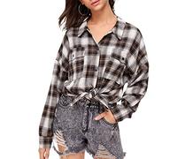 FeMereina Damen Button Down Flanellhemden Plaid Shirt Langarm Kragen Business Casual Tops Arbeitsblusen, braun, XS