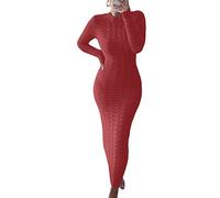 FeMereina Damen Geripptes Langarm Pulloverkleid Zopfstrick Gerippt Rundhals Bodycon Langes Kleid Slim Fit Gestricktes Maxi Pulloverkleid, wassermelone, XX-Large