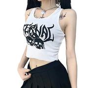 FeMereina Damen Gothic Crop Top Schwarz Spaghetti Strap Print Rückenfrei Mall Goth Punk Cami Weste Club Party Streetwear, Z2, Large