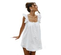 FeMereina Damen Hemdkleid mit Knopfleiste, Rüschenärmel, fließende Bluse, Minikleid, lässig, quadratischer Ausschnitt, plissiert, kurzes Babydoll-Sommerkleid, weiß, L