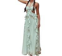 FeMereina Damen-Maxikleid im Boho-Stil, rückenfrei, mit Rüschen, fließend, lange Kleider, trägerlos, Quaste, Strandparty, Sommerkleid, blau, M