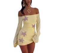 FeMereina Damen-Minikleid mit Seestern-Pailletten, schulterfrei, langärmelig, gestrickt, kurzes Kleid, Sommer, Strand, Urlaub, gelb, S