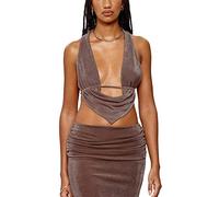 FeMereina Damen Neckholder-Top mit gerüschtem drapiertem Ausschnitt, rückenfrei, Rückenfrei, Wasserfallkragen, Cami-Weste, Top, Y2K, Streetwear, braun, M