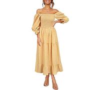 FeMereina Damen Plaid Quadratischer Ausschnitt Rüschen Puffärmel Midi Kleid Sommer Boho Schulterfrei Rückenfrei Gesmokt Flowy Kleid, gelb, Small