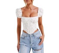 FeMereina Damen Puff Kurzarm Tops Slim Fit Korsett Crop Top Sexy Bustier Tank Top T-Shirts Tie Up Front Boned Bustier Crop Tops, weiß, Large