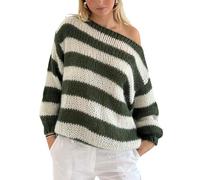 FeMereina Damen-Pullover, Übergröße, Laterne, langärmelig, gestreift, Herbst, lässig, Rundhalsausschnitt, locker, Grobstrick-Pullover, armee-grün, S