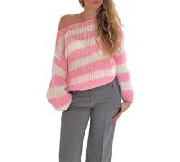 FeMereina Damen-Pullover, Übergröße, Laterne, langärmelig, gestreift, Herbst, lässig, Rundhalsausschnitt, locker, Grobstrick-Pullover, rose, S