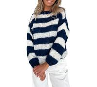 FeMereina Damen-Pullover, Übergröße, Laterne, langärmelig, gestreift, Herbst, lässig, Rundhalsausschnitt, locker, Grobstrick-Pullover, blau, M