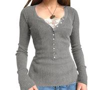 FeMereina Damen Rundhals Knopf Pullover Tops Langarm Slim Fit Rippstrick Henley Shirts Y2k Ästhetisches Shirt Streetwear, Grau #5, M