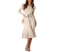 FeMereina Damen Rundhals Strickpullover Pullover Kleid Langarm Gürtel Bodycon Kleid Wrap Strickkleid Herbst Einfarbig Midi Kleider, Apricot#1, Medium